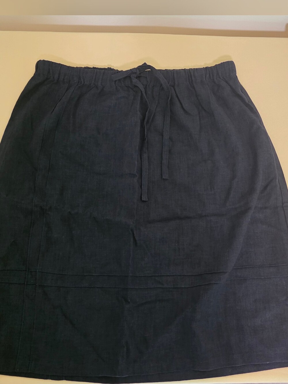 Classic Dark Blue Linen Pull-On Skirt With Tie